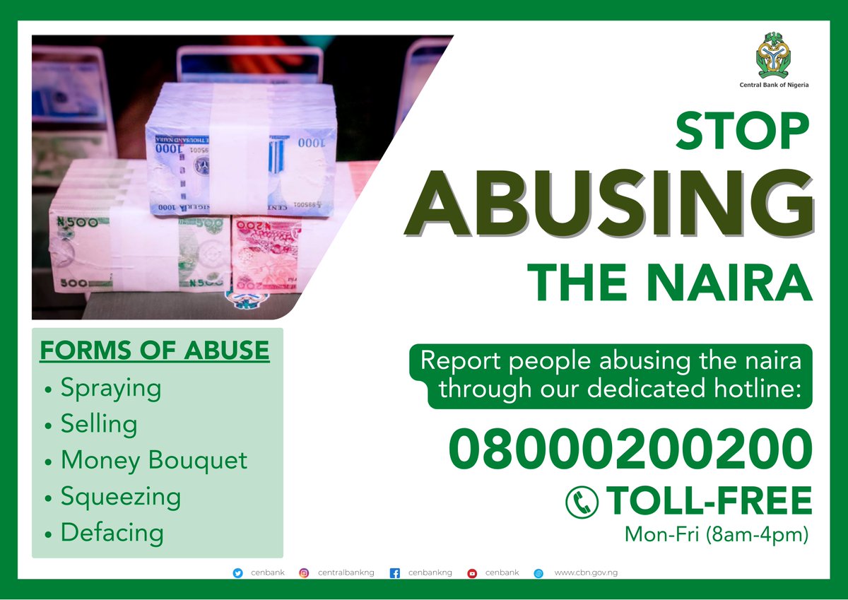 cenbank's tweet image. It is your civic duty to protect the Naira. Report Naira abuse today.
#StopNairaAbuse #RespectTheNaira #BePatriotic