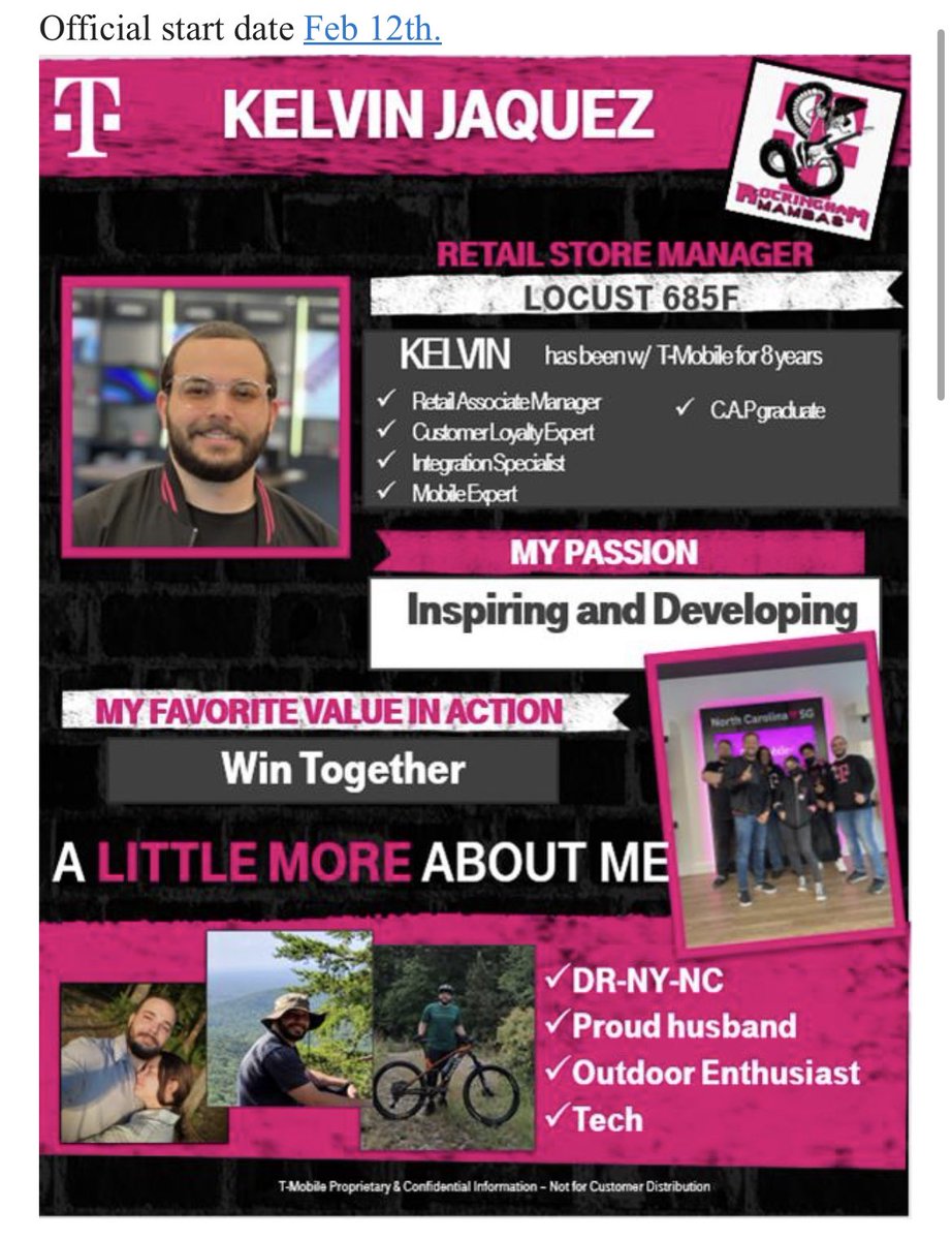 TiNaDeTre's tweet photo. Excited to announce another RAM to RSM promotion from T100 to SMRA! Please join me in congratulating and welcoming @JaQuezTMO to the Rockingham Mambas leadership team! Kelvin will be taking on our newest location in Locust, NC as the Retail Store Manager. #KAPOWEEENATION https://t.co/iWZCcEY3cH