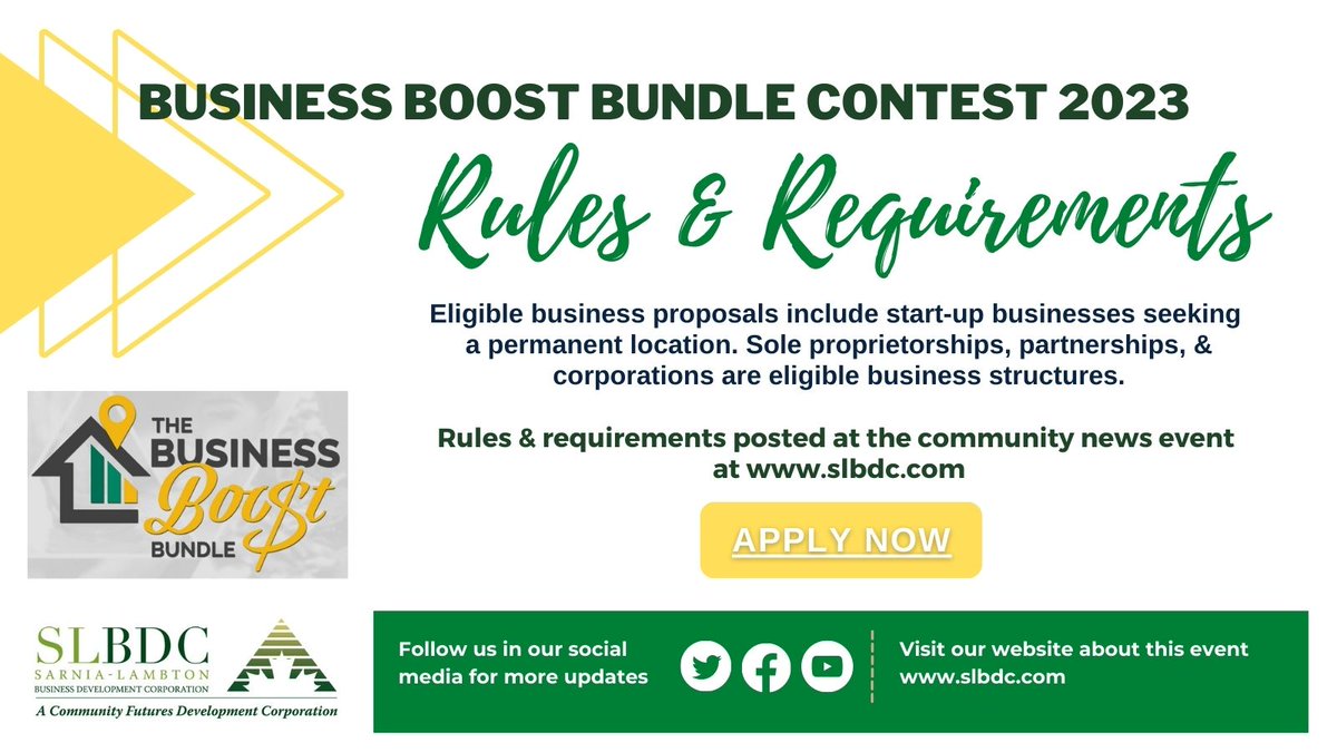 SLBDCteam's tweet photo. Rules &amp; Requirements can be found at the Community News Event at https://t.co/VRUuUiLSZn. You can download the document for your guidelines and submit your application.

#sarnialambton #smallbusiness #businesscontest #slbdc https://t.co/uVzJE2gADz