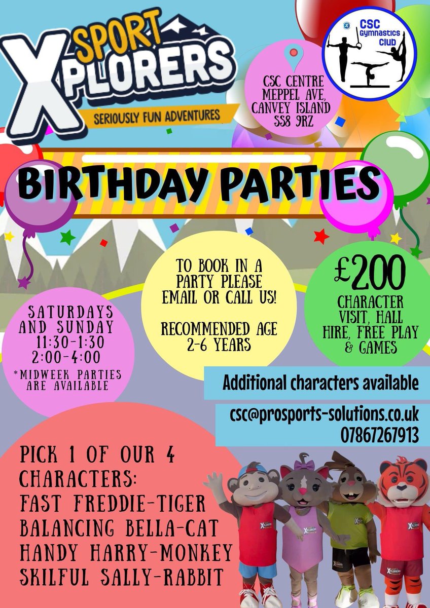 SportXplorers's tweet photo. 🎈🍰INTRODUCING SPORT XPLORERS BIRTHDAY PARTIES AT @CSCGymProsports 🍰🎈
The perfect way for your little ones to celebrate their big day with their favourite Sport Xplorers character🐵🐰🐯🐱

Get in contact today➡️csc@prosports-solutions.co.uk https://t.co/V0LLYD6DZV