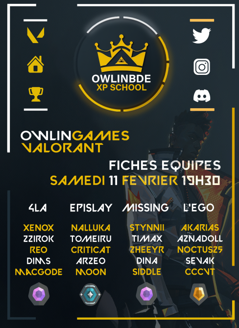 [📢 𝙊𝙒𝙇𝙄𝙉𝙂𝘼𝙈𝙀𝙎 𝙑𝘼𝙇𝙊𝙍𝘼𝙉𝙏]

Voici la première édition des #owlingames 🙌

🗣️ Édition online #VALORANT 
🔔 11 Février à 19h30
🎟️ 4 équipes sur une soirée
🎙️ <a href="/LaTartinerieTV/">LaTartinerieTV</a> 

Une activité par mois ouverte à tous, autour de différents jeux que vous sélectionnez 🔥