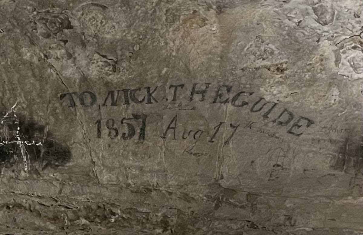 MammothCaveNP's tweet photo. Nick Bransford was an enslaved guide at Mammoth Cave from 1838 til his death in 1895. On the wall of the Snowball Room within Mammoth Cave is an inscription that reads, “To Nick The Guide” from August 17, 1857. A long ago dedication to the one of Mammoth Cave’s finest guides. https://t.co/m0QOADaUCE