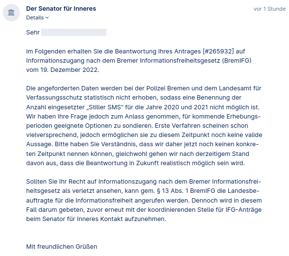 matthimon's tweet photo. Ich staune über diese Antwort zu #StilleSMS bei  #Polizei und #Verfassungsschutz in #Bremen:
Diese würden statistisch nicht erhoben, man* nehme die Frage aber zum Anlass "für kommende Erhebungsperioden geeignete Optionen zu sondieren":
https://t.co/cGi0IZySp8
@fragdenstaat https://t.co/KGmiibW3mN