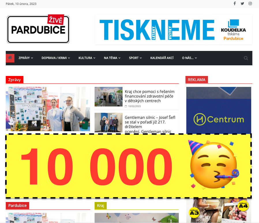 PardubiceZive's tweet photo. 10 000 článků na webu https://t.co/6PHYpDP7GP 🎉
Zprávy z Pardubic a Pardubického kraje. Děkujeme...
#pardubicezive #zijemepardubice #pardubice #zpravy https://t.co/CA7DW6OWOv