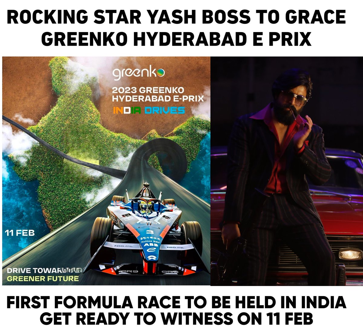 RSYHCF's tweet photo. #YashBoss to grace #GreenkoHyderabadEPrix 😍❤️
First formula race to be held in India, happening on Feb 11th 🔥
@TheNameisYash 👑 #Yash
#RockingStarYashFC https://t.co/lyZajJAQYT