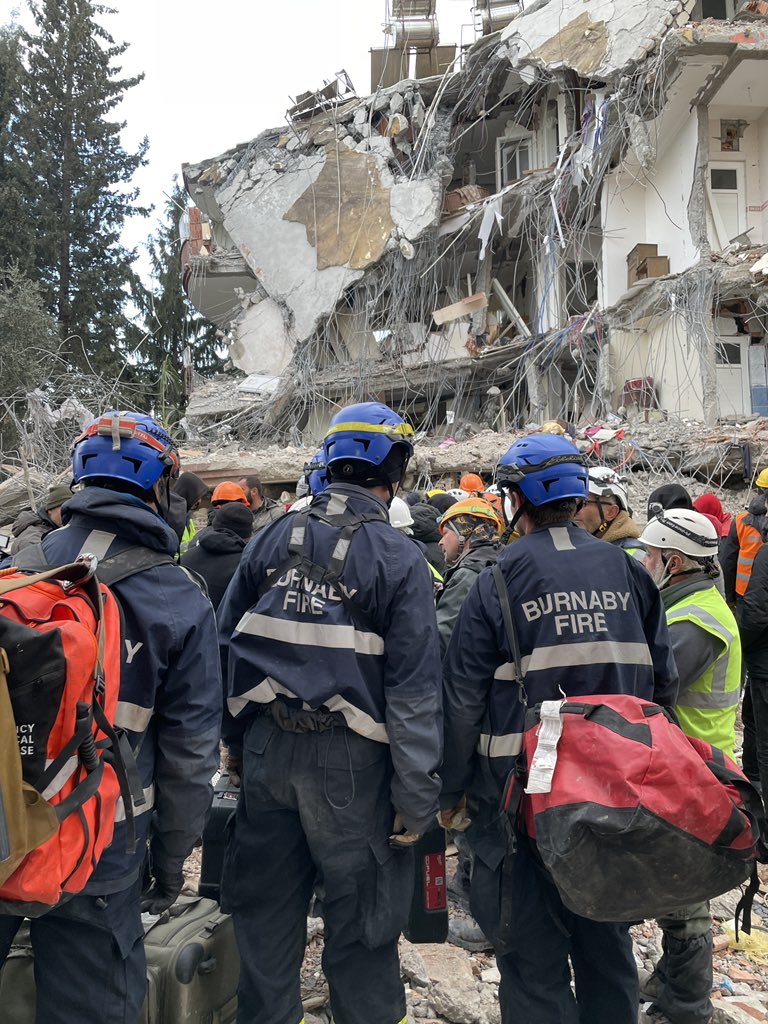 briarstewart's tweet photo. Scenes of jubilation after reachers drew a woman trapped in the rubble of a six story apartment building in #adiyaman Turkey. She was rescued with the help of Burnaby Urban Search and Rescue  @BurnabyFireDept @cbcnews https://t.co/IJD97bPNV6