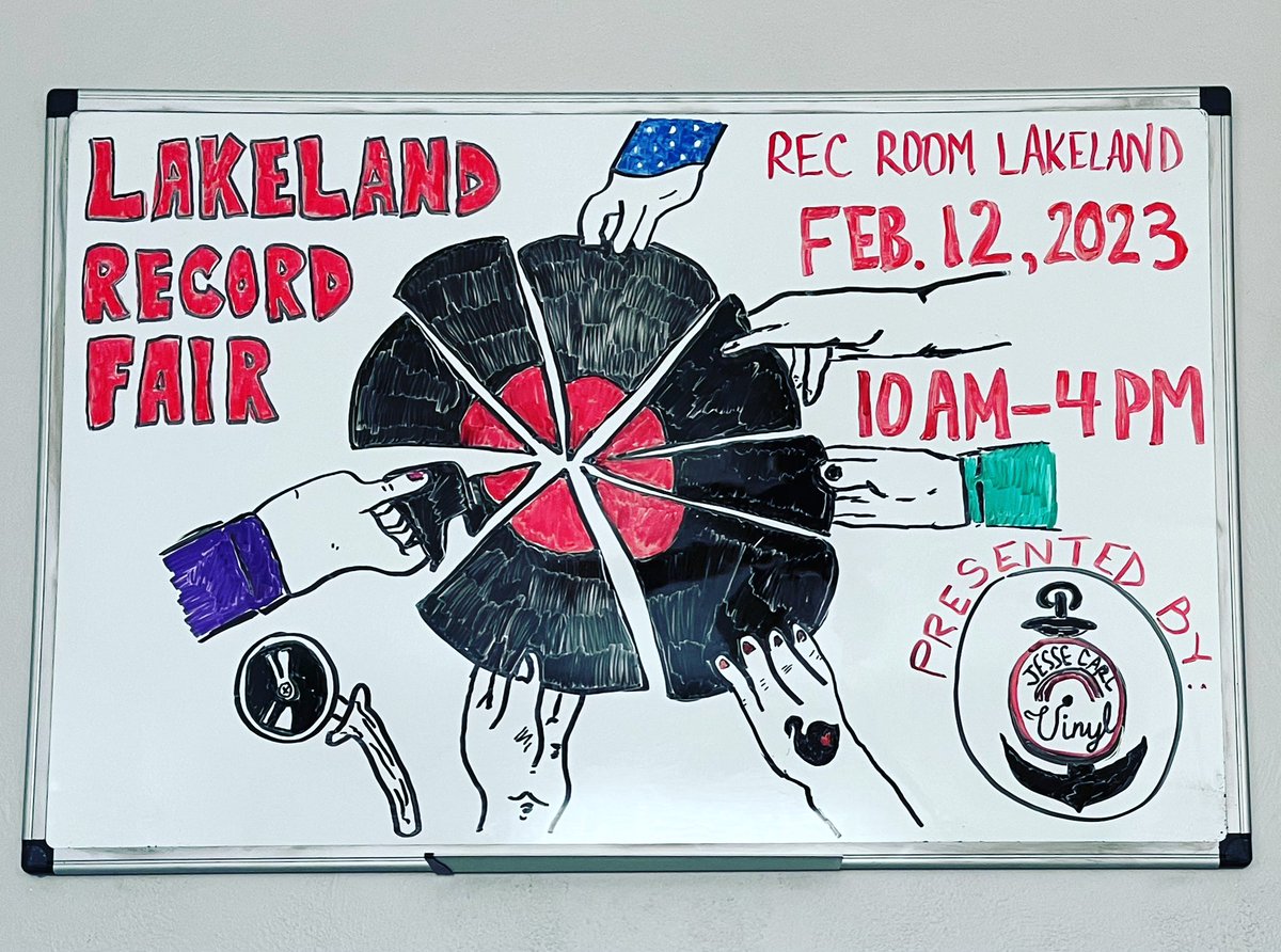 Today’s dry erase marker art is inspired by the Lakeland Record Fair presented by <a href="/jessecarlvinyl/">Jesse Carl Vinyl</a> and hosted by Rec Room. It’s happening this Sunday, February 12 from 10 am-4 pm. See you there! Design inspired by Yonil. <a href="/LkldNow/">Lkld Now</a> <a href="/LakelanderMag/">The Lakelander</a>