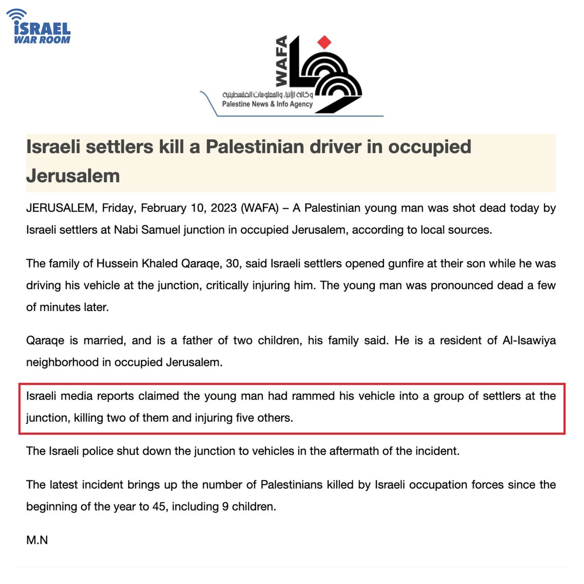 IsraelWarRoom's tweet photo. This is how Palestinian propaganda media reports a terrorist attack against Israeli civilians.
@WAFANewsEnglish is the official news outlet of the Palestinian Authority. This is who @SecBlinken wants Israel to negotiate peace with?!
#AbbasIsNotAPeacePartner https://t.co/Y27D2RKyfF