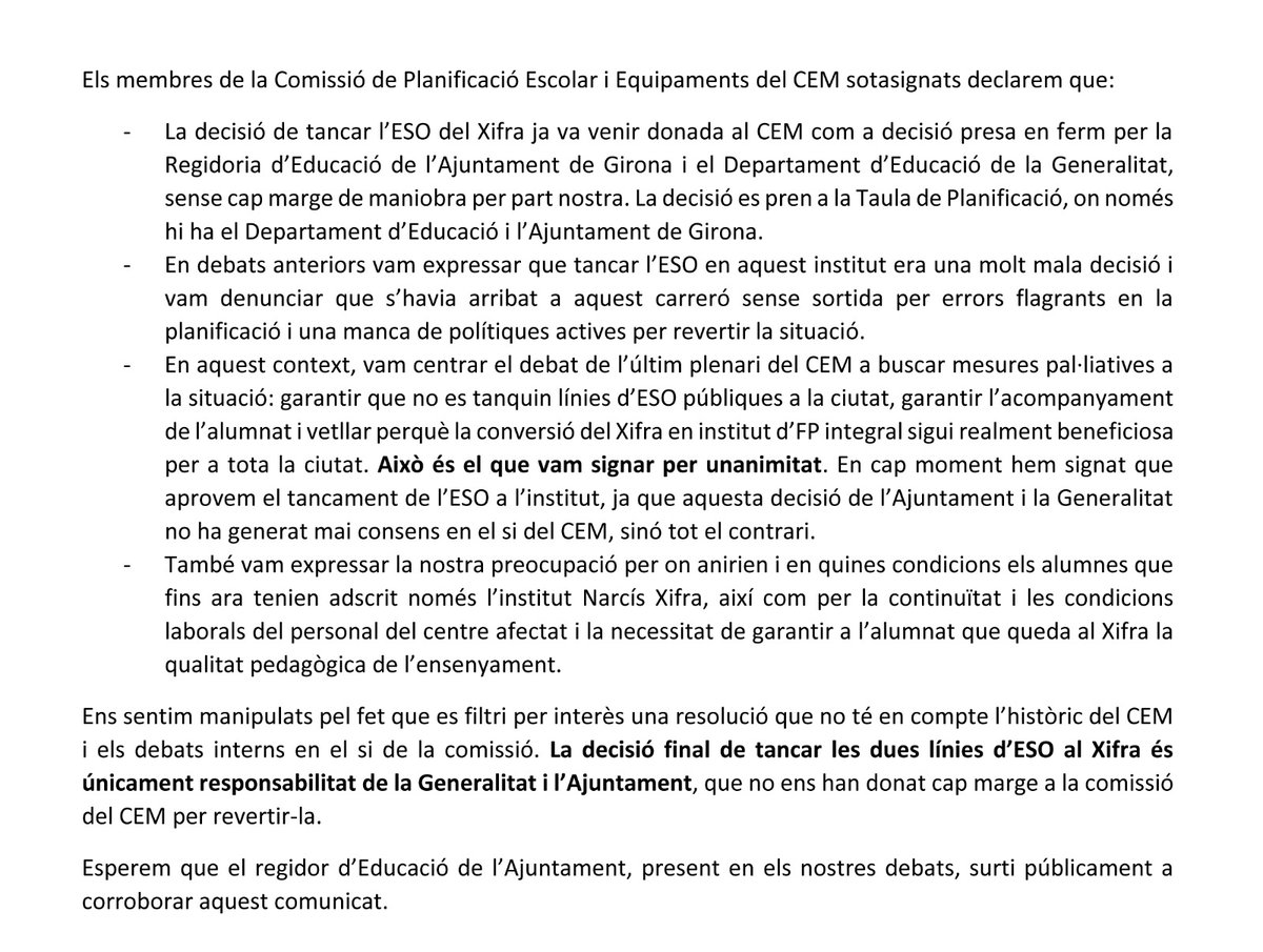 RogerCasero's tweet photo. Comunicat de membres de la Comissió de Planificació del CEM Girona sobre el nostre posicionament en relació amb e tancament de l'ESO del Xifra i l'acord del CEM. https://t.co/LJAMZocOVS