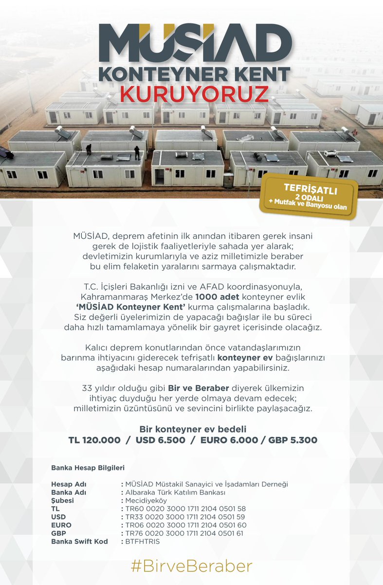 📌MÜSİAD Konteyner Kent Kuruyoruz!

Depremden etkilenen vatandaşlarımızın acil barınma ihtiyaçlarını karşılamak için MÜSİAD Konteyner Kent çalışmalarımıza başladık.

#BirveBeraber
