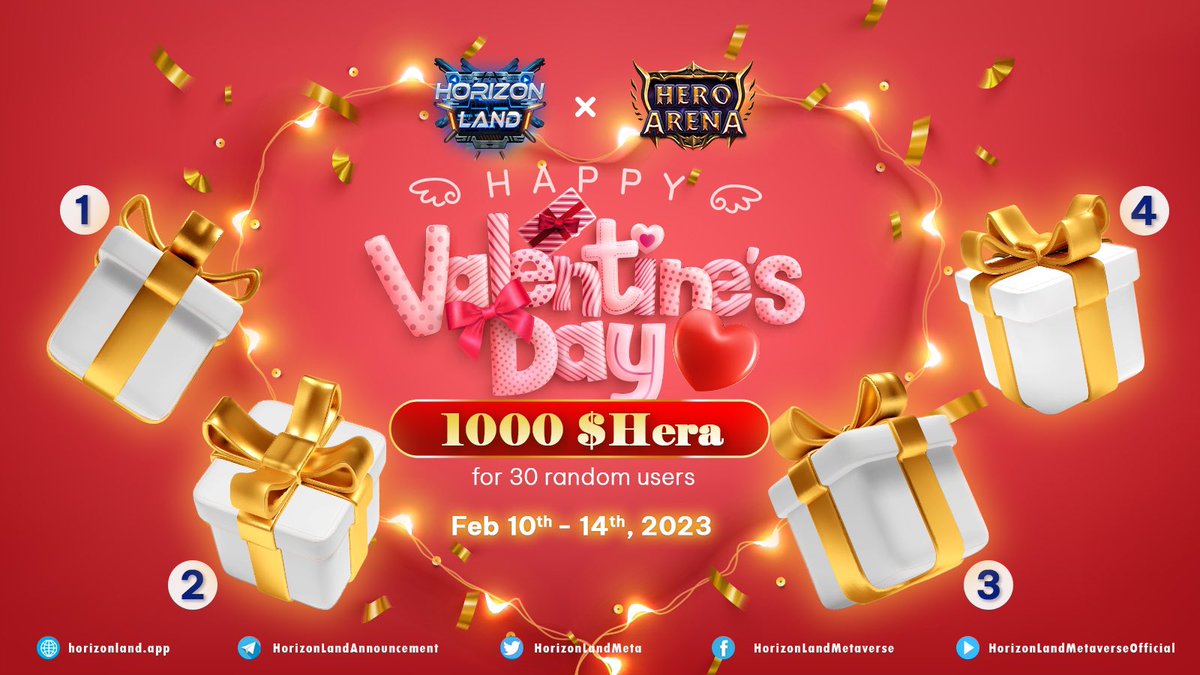 HorizonLandMeta's tweet image. 🌹 Horizon Land Sweet Valentine's Day Event x @HeroArena_Hera🌹
SPREAD THE LOVE WITH US NOW!

📆PERIOD
Feb 10 ~ Feb 14, 2023

💝REWARD
1000 $Hera 

❓HOW
1. Follow us
2. RT &amp;amp; Tag 3 Friends
3. Comment on this post which boxes you choose (1-4) 

Details: blog.horizonland.app/news/sweet-val…