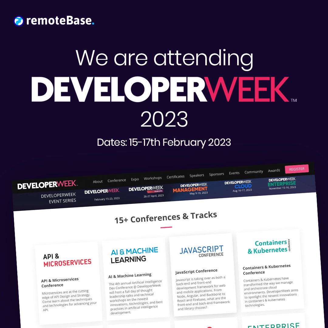 RemotebaseHQ's tweet image. Catch us at DeveloperWeek 2023 and book a meeting with us to discuss how we can take your engineering team to the next level. 💫
Book your slot now by picking a date: remotebase.com/meeting-develo…
#futureofsoftwareengineering #innovativetrends2023 #remotework #futureofwork #remote