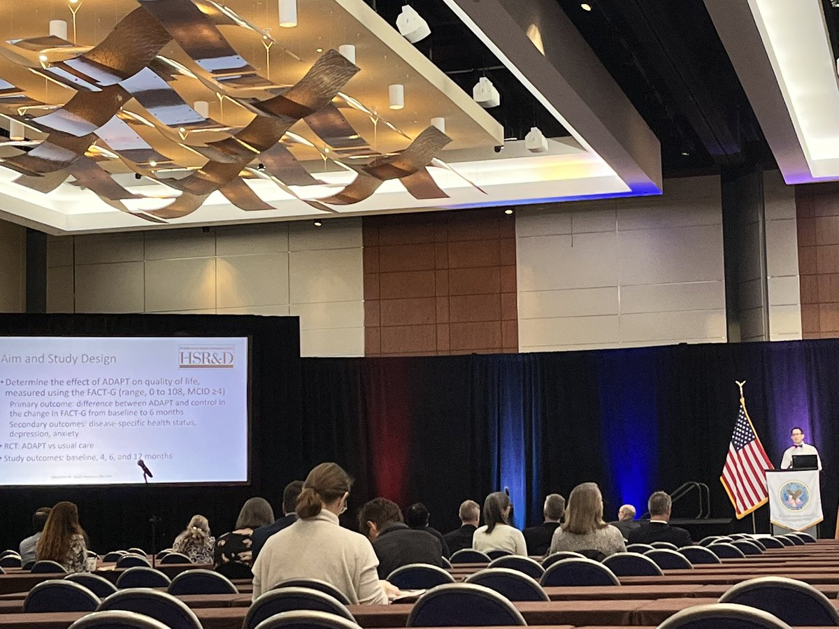 Dr David Bekelman from @SeaDenCOIN presenting on ADAPT, an RN &amp; social worker led RCT supporting Veterans w/ COPD, CHF, &amp; ILD @ #HSRD23 &amp; #QUERI23
quality of life improved in Veterans enrolled in ADAPT ✨💫💯