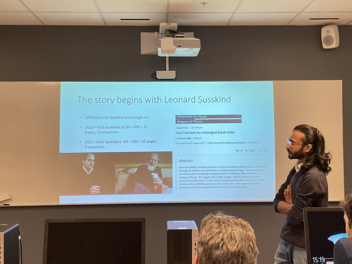 UiSIMF's tweet photo. Great initiative by our master students Shibl N. Gill & Zaryab Ahmed: they present an #NPACT seminar today on the ER=EPR conjecture, motivated by the 2022 @Nature paper on a realization of a #wormhole analog using a @Google #quantum processor. From #entanglement to #blackholes. https://t.co/8593ttVzO0