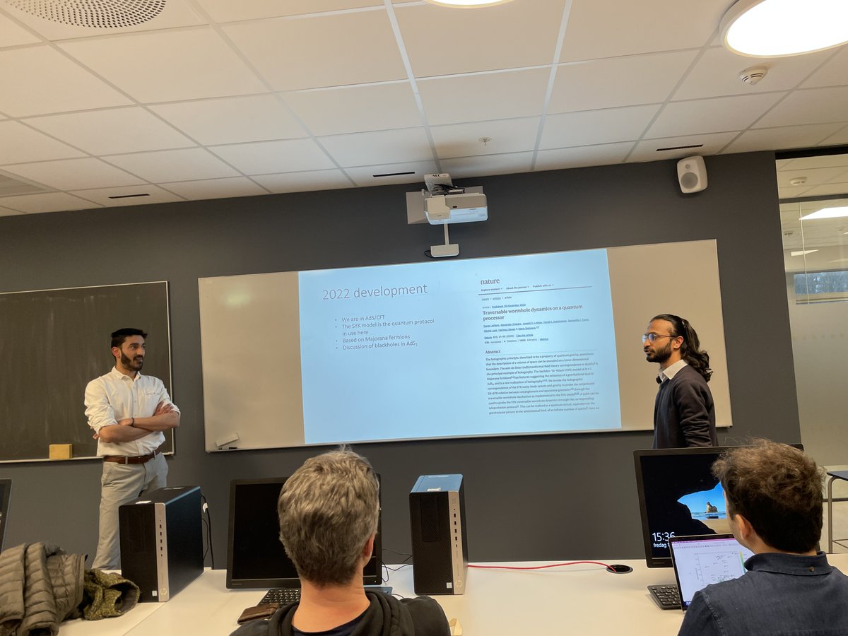UiSIMF's tweet photo. Great initiative by our master students Shibl N. Gill & Zaryab Ahmed: they present an #NPACT seminar today on the ER=EPR conjecture, motivated by the 2022 @Nature paper on a realization of a #wormhole analog using a @Google #quantum processor. From #entanglement to #blackholes. https://t.co/8593ttVzO0