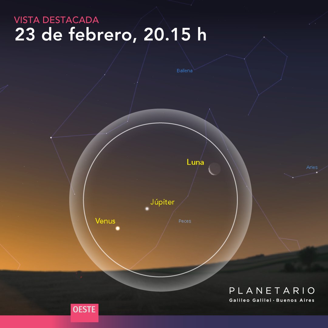 Al anochecer, Venus, Júpiter y la Luna forman una larga y brillante “caravana” astronómica sobre el horizonte occidental. Una muy bonita escena, observable a simple vista (20:15 hs)