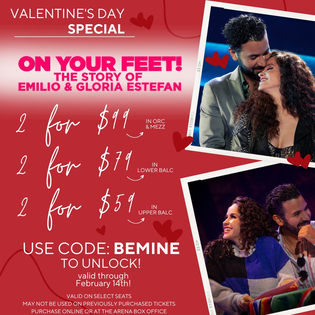 BroadwayInBing's tweet photo. Valentine's Day is right around the corner and we have the PERFECT gift! 🎁 Now through February 14th, grab tickets to the incredible love story of Gloria and Emilio Estefan with this Valentine's Day deal! 💘 

Purchase here https://t.co/qBlccnV1Sr or at the Arena Box Office! https://t.co/9GzR2Q5Spb