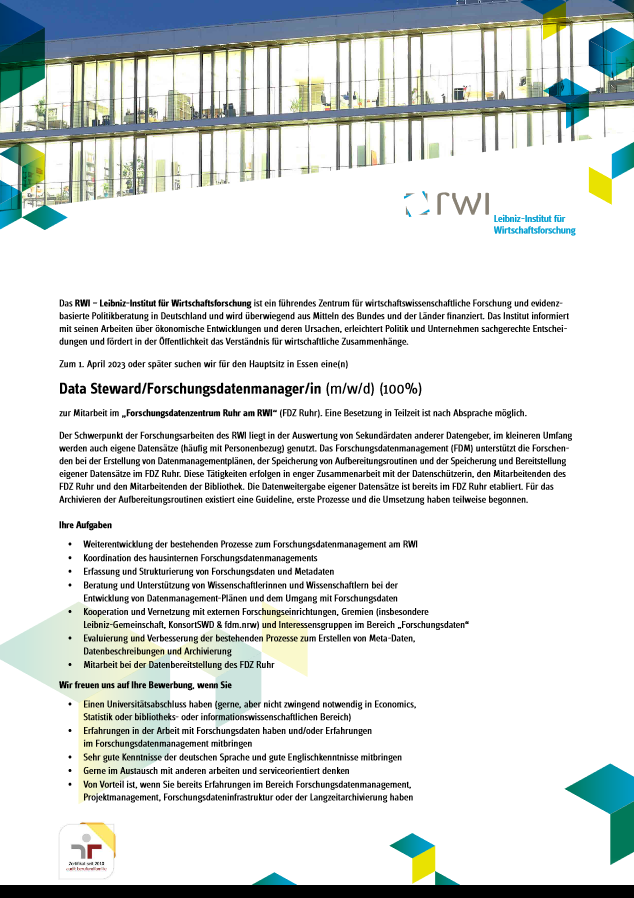 📶 Data Steward gesucht: Das tolle Team unseres Forschungsdatenzentrums FDZ Ruhr hofft auf weitere Unterstützung beim Datenmanagement, bei der Bereitstellung eigener Datensätze &amp; der Kooperation mit anderen Forschungseinrichtungen. Jetzt bewerben 👉 rwi-essen.de/rwi/karriere/j…