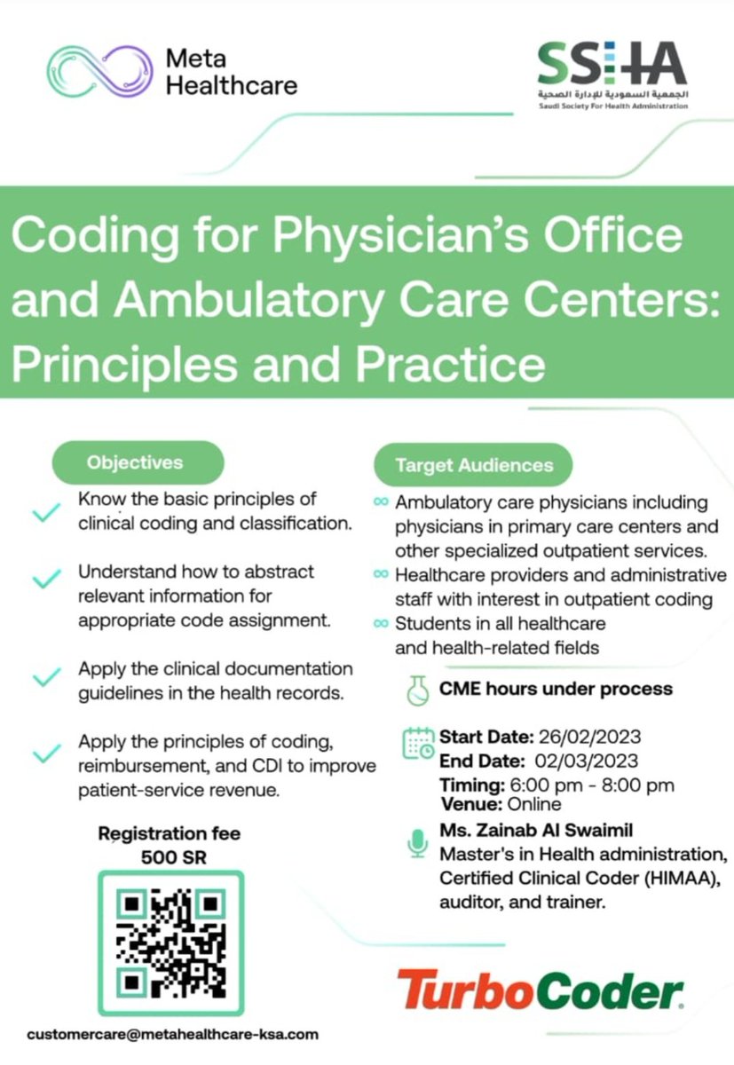 Metahealthksa's tweet image. #Meta_Healthcare is honoured to host Ms. Zainab Al-Swaimil with its first #training program in collaboration with @sshariyadh for a period of 5 days entitled #Medical_coding in #physcian_office and #ambulatory_care_centers with our guest speaker Dr. Zahraa Al-Akrawi