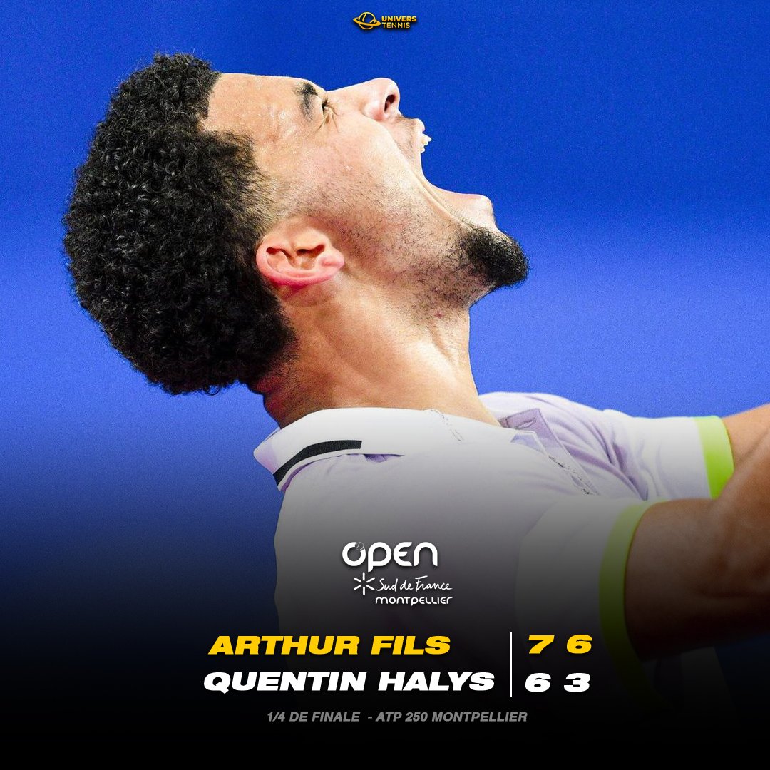 UniversTennis's tweet photo. PREMIÈRE DEMI-FINALE POUR ARTHUR FILS 🔥🇨🇵

La pépite remporte son 3e match de la semaine en battant Quentin Halys pour atteindre le dernier carré à Montpellier. 👏

À 18 ans, il devient le plus jeune joueur français en 1/2 d'un tournoi sur le circuit depuis Gasquet en 2004. 💎 https://t.co/uFEZ08rIuG