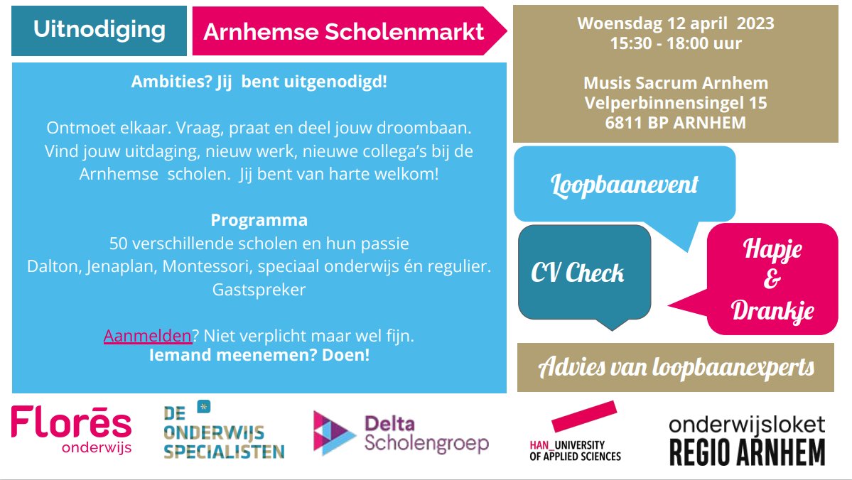 Op 12 april organiseren @deltascholengrp, @FloresOnderwijs, @onderwijsspec, het Onderwijsloket regio Arnhem en de Hogeschool van Arnhem en Nijmegen de Arnhemse Scholenmarkt. Je bent van harte welkom! Zien we je dan? Je kunt je hier aanmelden: bit.ly/3IdEkwz