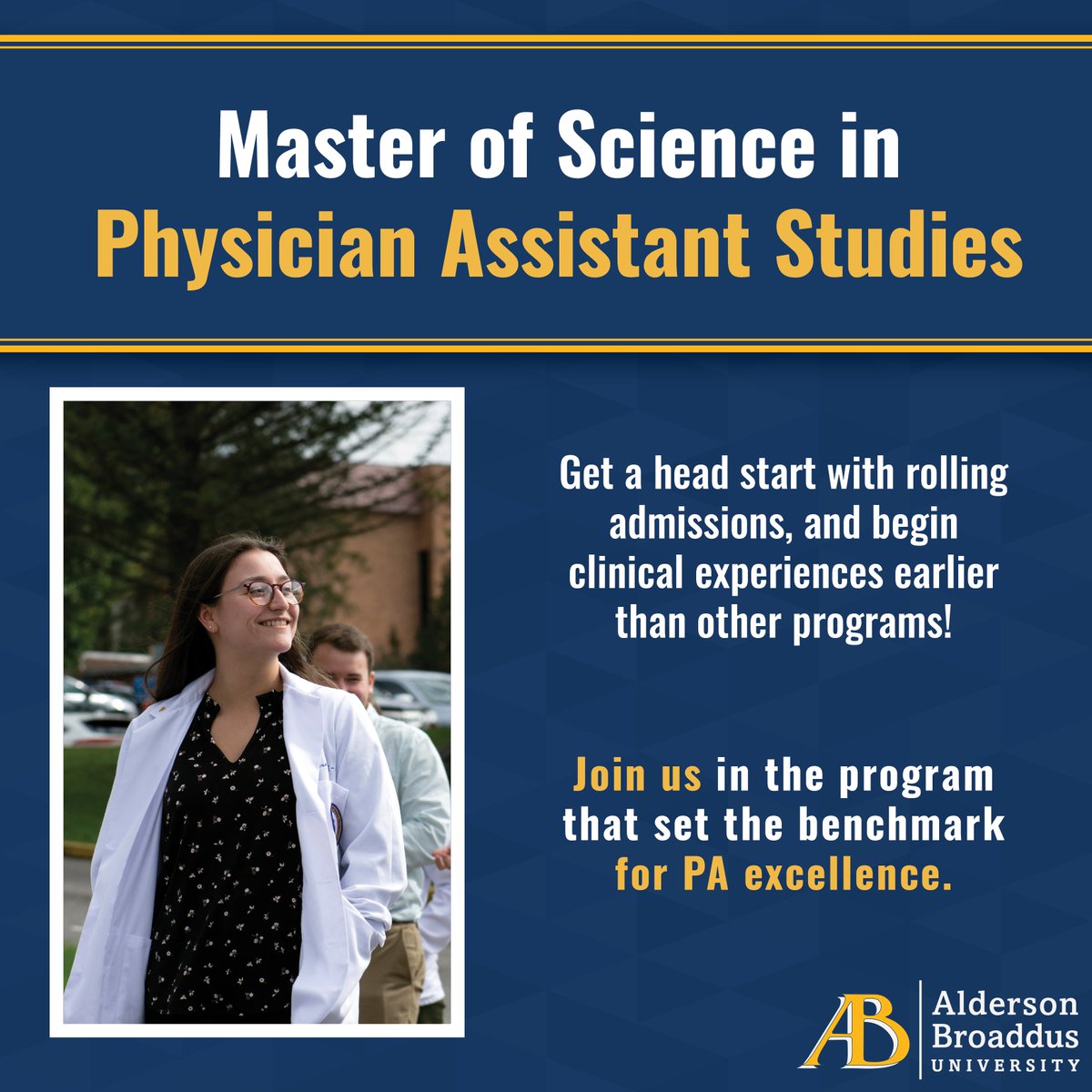 AB_1871's tweet image. Explore the possibilities in our Master of Science in Physician Assistant Studies Program here at AB!
ab.edu/academics/ms-p…

#BecomeABattler #BattlerPride #PAProgram #PhysicianStudies
