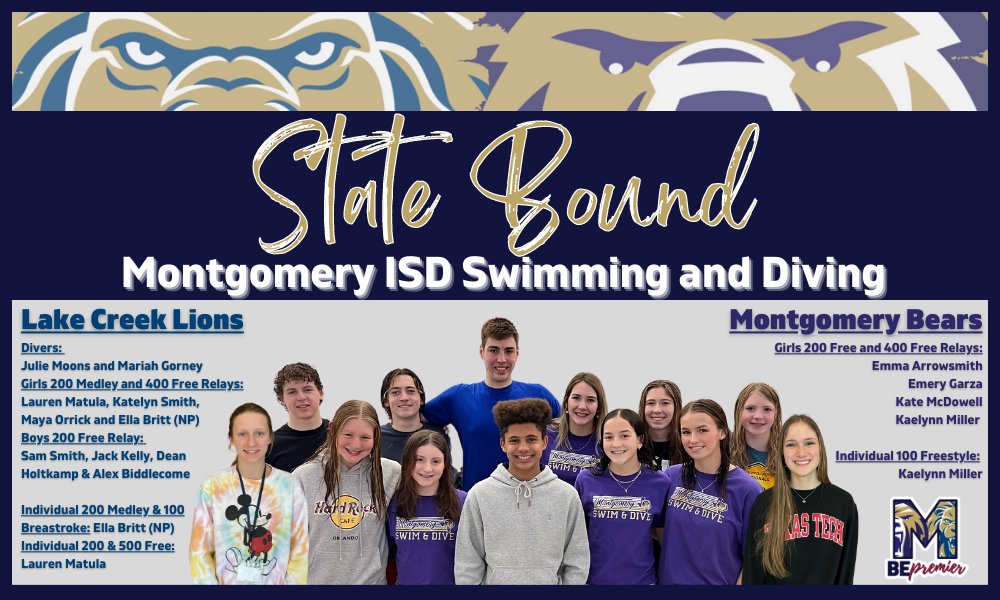 MISD has 14 swimmers &amp; divers advancing to the State Championships next weekend! 
The <a href="/LakeCreekHS/">Lake Creek High School</a> Lions are sending 8 swimmers and 2 divers while the <a href="/mhs_bears/">Montgomery High School</a> are sending 4 swimmers. Join us in congratulating these incredible student athletes! <a href="/LC_SwimandDive/">Lake Creek Swim & Dive</a> <a href="/bears_swim_dive/">Retired Coach V</a>