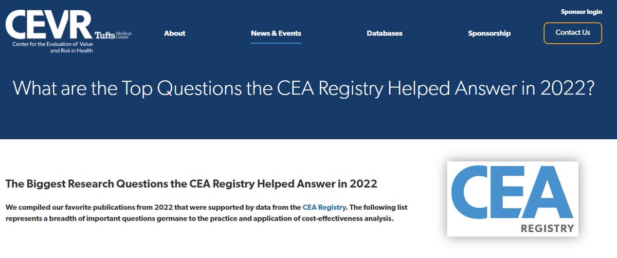 TuftsCEVR's tweet photo. The CEA Registry is a comprehensive database of >11,000 cost-utility analyses on a wide variety of diseases and treatments. In our new blog, we’ve listed the top 10 publications from 2022 that used Registry data. https://t.co/nCFADMDZls https://t.co/rDjnlLrpHd