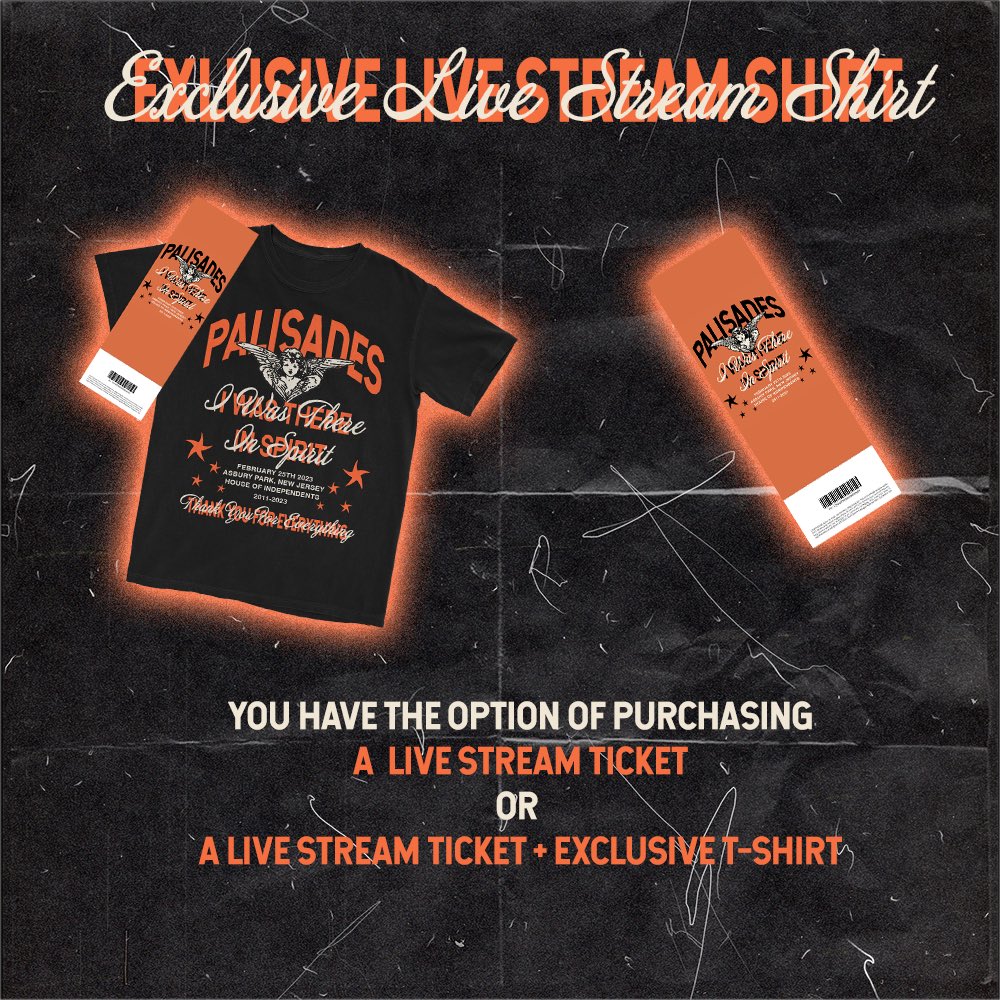 WeArePalisades's tweet photo. Live Stream Tickets Available Now

Link in bio.

Exclusive Live Stream T-Shirt Available!

Please advise you MUST make an account to view the live stream.

Links to stream will be sent via email address that you signed up with.

Thank You For Everything. https://t.co/Kd9VjZWnAN