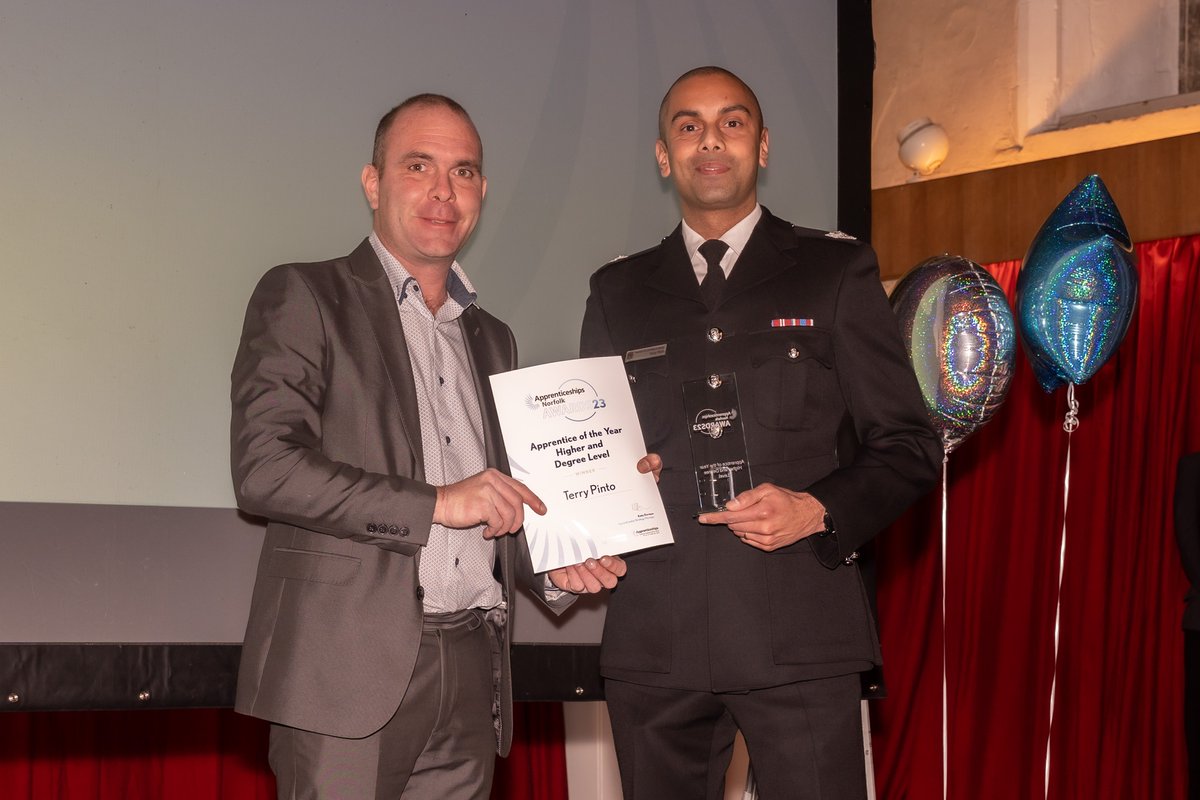 Norfolkfire's tweet photo. Congratulations to Tel Pinto, winner of the Norfolk Apprentice of the Year Award – Higher &amp; Degree Apprenticeship 🏆 

He's the youngest Firefighter to hold the post Group Manager – Prevention Lead. It was tough competition with own Stef Rider also nominated. Congrats to both! https://t.co/klugQ2Kcte