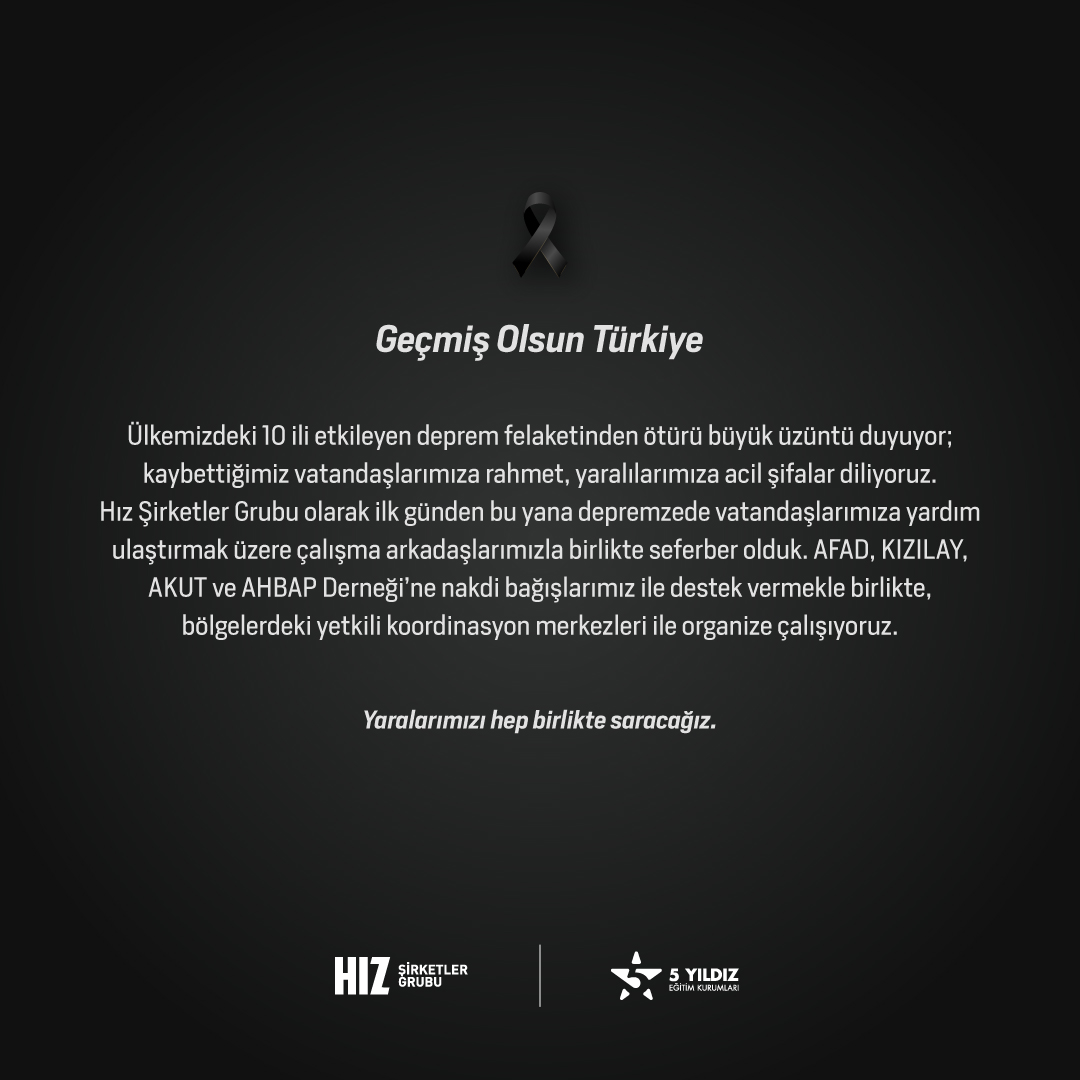 Geçmiş Olsun Türkiye 
 
Ülkemizdeki 10 ili etkileyen deprem felaketinden ötürü büyük üzüntü duyuyor; kaybettiğimiz vatandaşlarımıza rahmet, yaralılarımıza acil şifalar diliyoruz. 

Yaralarımızı hep birlikte saracağız.
