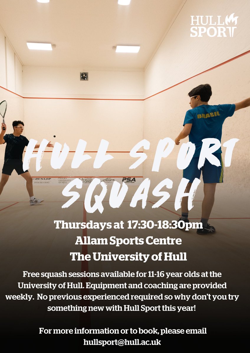 University of Hull Sport & Active Wellbeing (@hullunisport) on Twitter photo Free junior squash sessions every Thursday night at the Allam Sport Centre!
These sessions are open to complete beginners and are a great way to try a new sport ๐คฉ
All equipment is provided and will be coach lead too, simply turn up to be involved!
<a href="/HullActiveSch/">Hull Active Schools CIC</a> <a href="/StreetGames/">StreetGames</a> Free junior squash sessions every Thursday night at the Allam Sport Centre!
These sessions are open to complete beginners and are a great way to try a new sport ๐คฉ
All equipment is provided and will be coach lead too, simply turn up to be involved!
<a href="/HullActiveSch/">Hull Active Schools CIC</a> <a href="/StreetGames/">StreetGames</a>