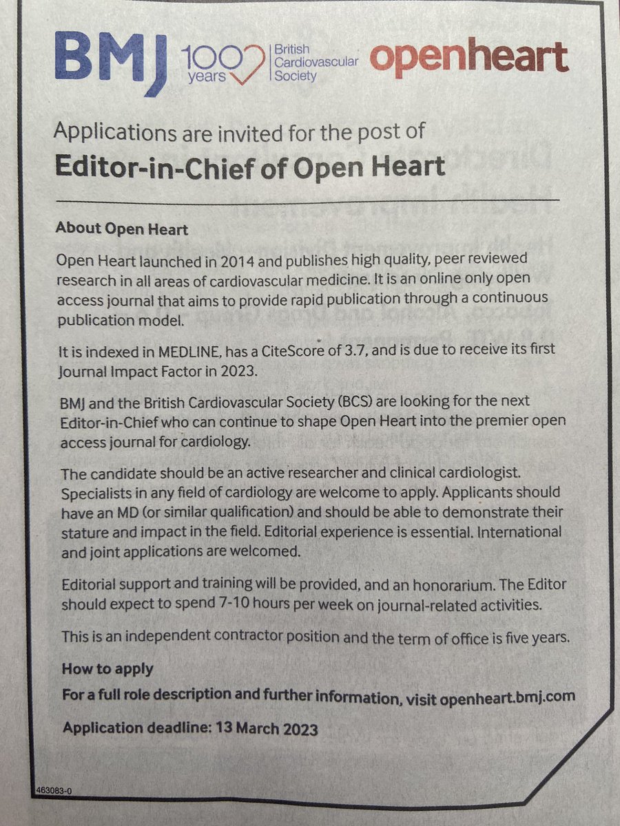 Two very exciting positions: Editor in chief of @Heart_BMJ and editor in chief of @Open_HeartBMJ. 

@BSHeartFailure @BCIS_uk @BritishCardioSo @BrHeartValveSoc @BHRSociety @bcca_uk @BSEcho @bmj_latest