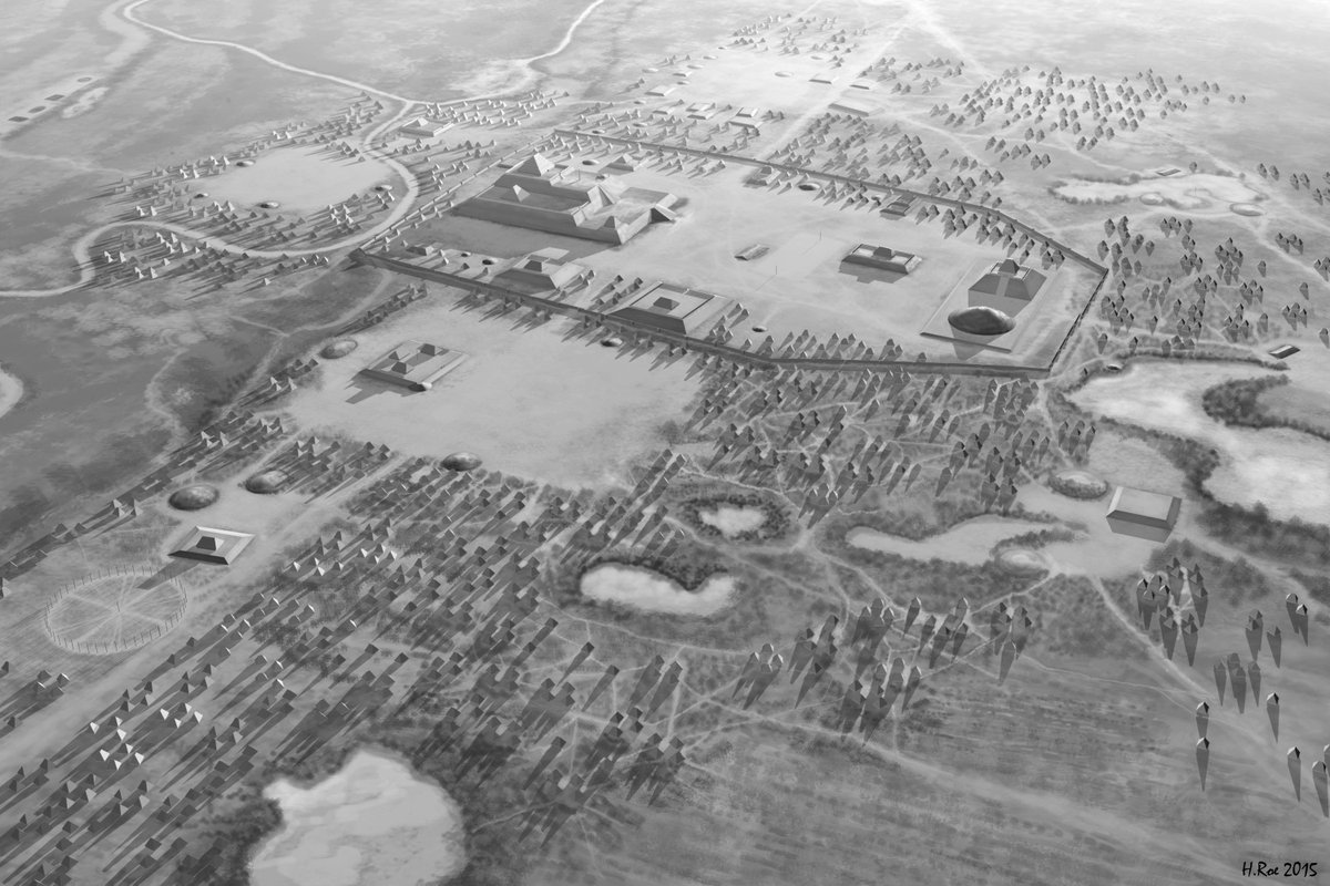 DrGregLittle2's tweet photo. Herb Roe's remarkable archaeological reconstruction of Cahokia Mounds in Illinois at its height. The illustration shows nearly 60 mounds with another 50+ located outside this area. The central area was enclosed by a palisade wall with bastions. From the mound encyclopedia. https://t.co/Z6V3mLHswq