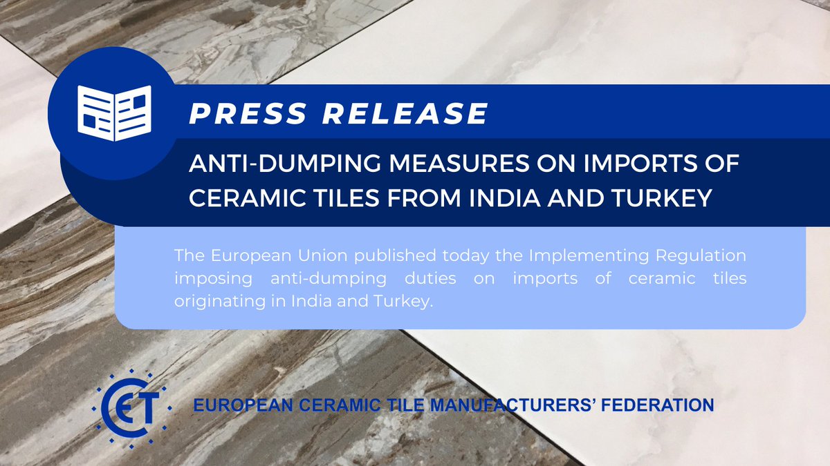 CerameUnie's tweet photo. 📢@Trade_EU adopts today anti-dumping measures on imports of ceramic tiles from India and Turkey.
Press release 👉 https://t.co/wNdRWqzgSt https://t.co/hV6FTwML6s