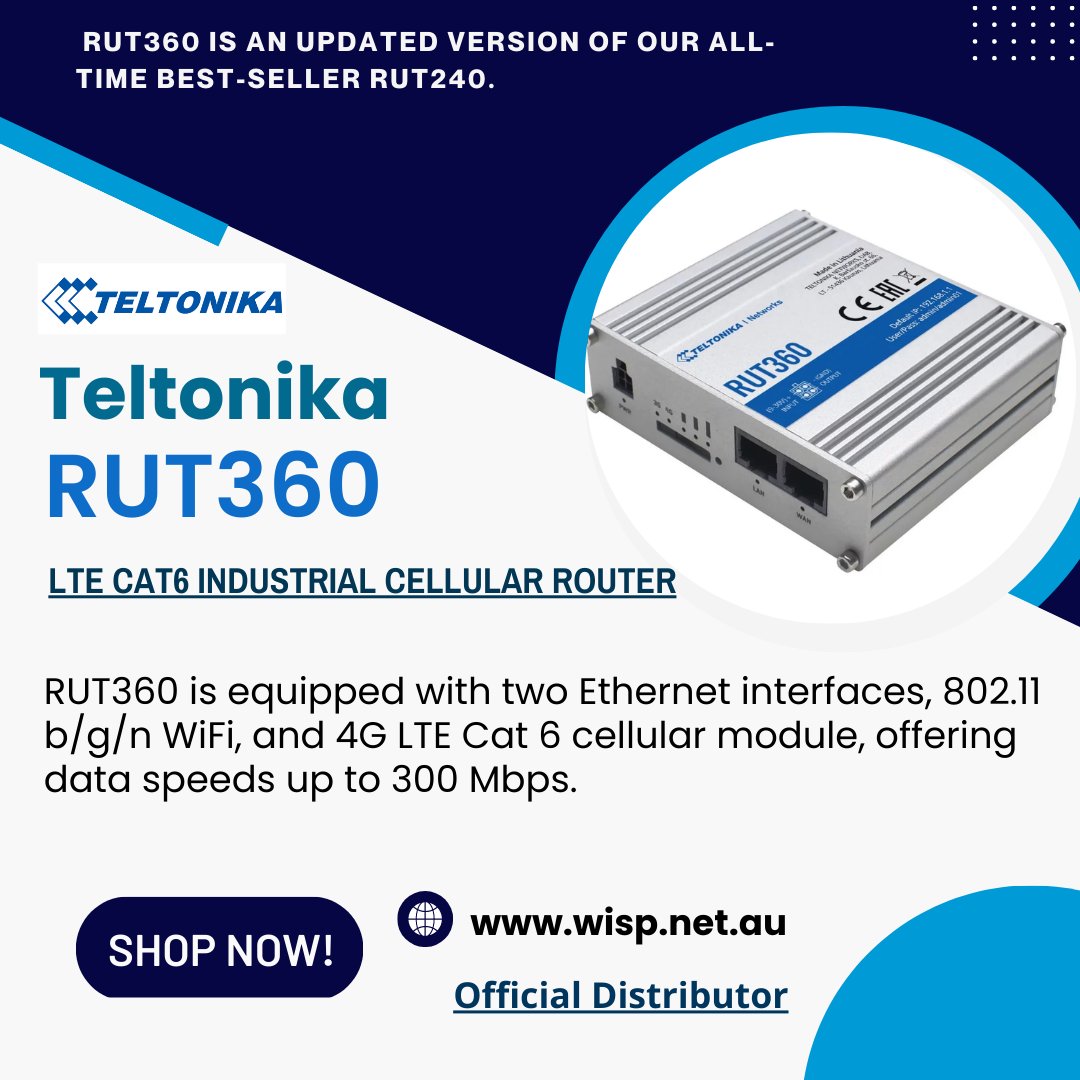 wispaustralia's tweet photo. #Teltonika #RUT360
RUT360 is equipped with two Ethernet interfaces, 802.11 b/g/n WiFi, and 4G LTE Cat 6 cellular module, offering data speeds up to 300 Mbps.
✔ For more info visit https://t.co/W0mABpM7YX
#wispAustralia #4g #australia #routers https://t.co/akQatahSDG