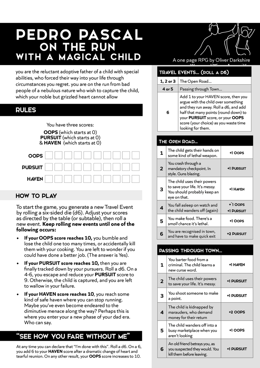 deathbybadger's tweet image. today's one page rpg is an ancient literary classic retold across the centuries, best known as "Pedro Pascal On The Run With A Magical Child"
(please do not abandon your allocated magical child at the gas station as it voids their warranty)