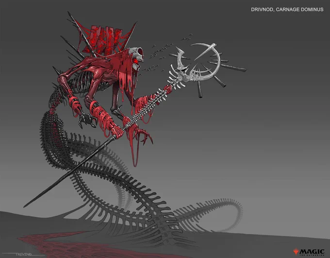 "Drivnod, Carnage Dominus"One of the many creature designs I created back in 2021 world-building and developing the new Magic The Gathering set " All Will Be One". The brief was something like "Dante's Inferno meets Giger and Beksinski". #MTGPhyrexia #allwillbeone 