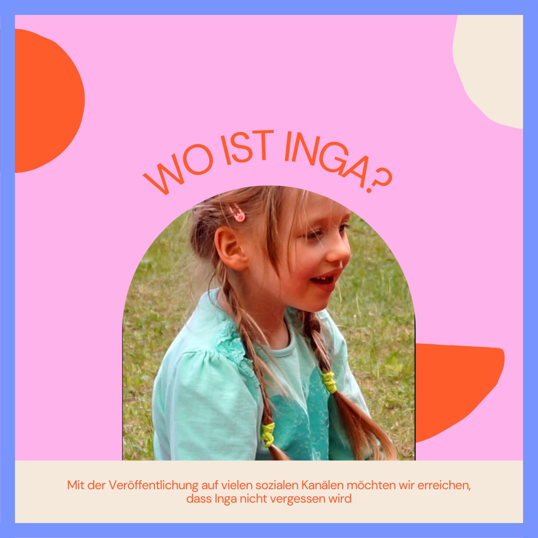 Wo ist Inga?

Bitte helfen sie mit, Hinweise zum Verbleib von Inga Gericke zu erhalten.

Alle Informationen zu "Wo ist Inga" haben wir auch auf unserer Hompage veröffentlicht:

initiative-vermisste-kinder.de/woistinga/

#vermisst #Kinder #missing #Children #woistinga
#helfen #hinweise