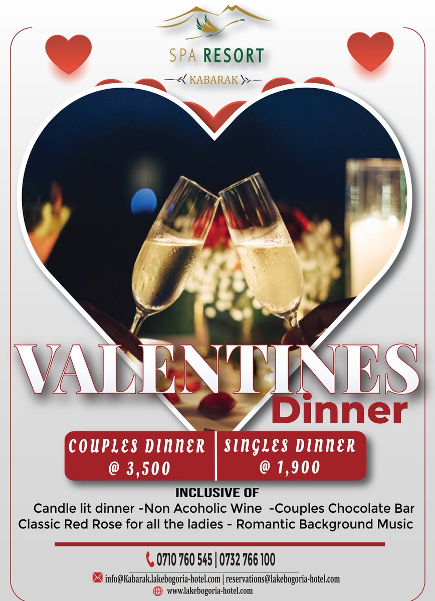 Spakabarak's tweet photo. From Kes 3,500 per couple and Kes 1,900 Singles get the Valentine Dinner affair rolling this lovers season right here Lake Bogoria Spa-Kabarak  
Book Now.
Call:  0710 760 545
#valentines #loversdinner https://t.co/8mHko3TmWG