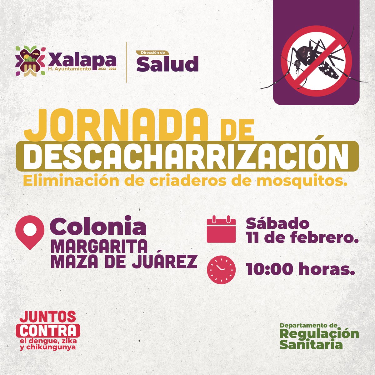 AytoXalapa's tweet photo. Este sábado 11 de febrero, a partir de las 10:00 horas, se llevará a cabo la #JornadaDeDescacharrización en la colonia Margarita Maza de Juárez.

Iniciaremos en calle 3 esquina avenida Camino Antiguo a Naolinco y terminará en avenida Camino Antiguo a Naolinco esquina calle 3. https://t.co/BBookEtEbZ