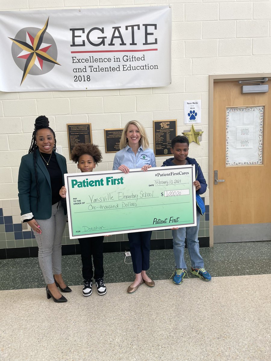VansvilleES's tweet photo. Fantastic Friday here at Vansville! We were awarded $1,000 by Patient First; through our PTA, these funds go directly back to our school to support students, families, and staff. @cgdingle @Area1PGCPS @pgcps https://t.co/Dy7lxTCDCk
