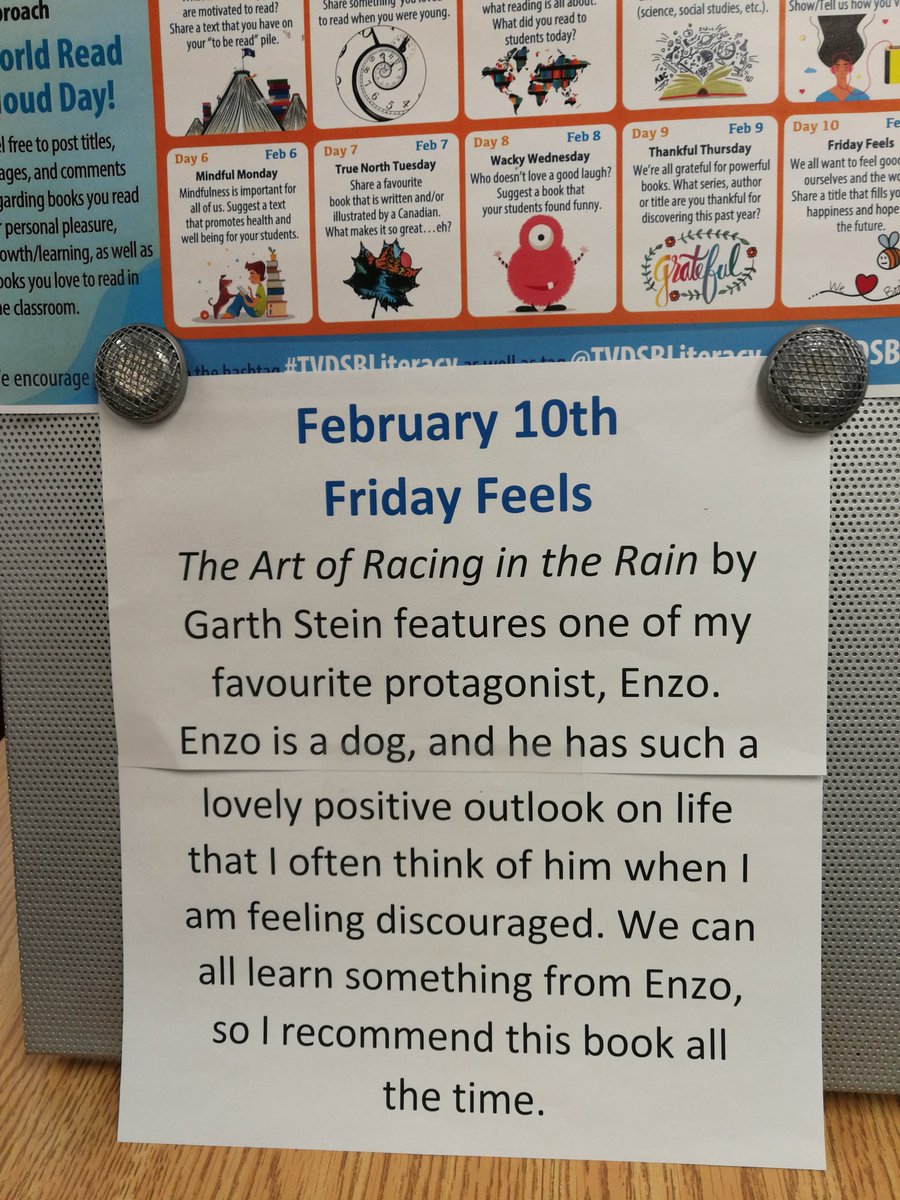 I'm happy to say that The Art of Racing in the Rain is presently being read by a student who stopped me in the hall yesterday to tell me he is loving it. Thank you for sharing your love of reading with me and my students. #TVDSBLiteracy @TVDSBLiteracy @LordDorchester
