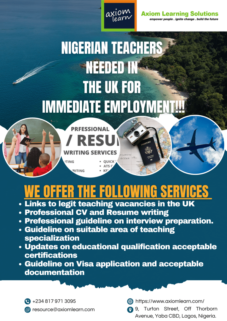 Looking for Nigerian Teachers for UK schools and other educational institution.
For more info visit: t.me/+Ty21KgsXa9YyN…
Or Call: 08179713095