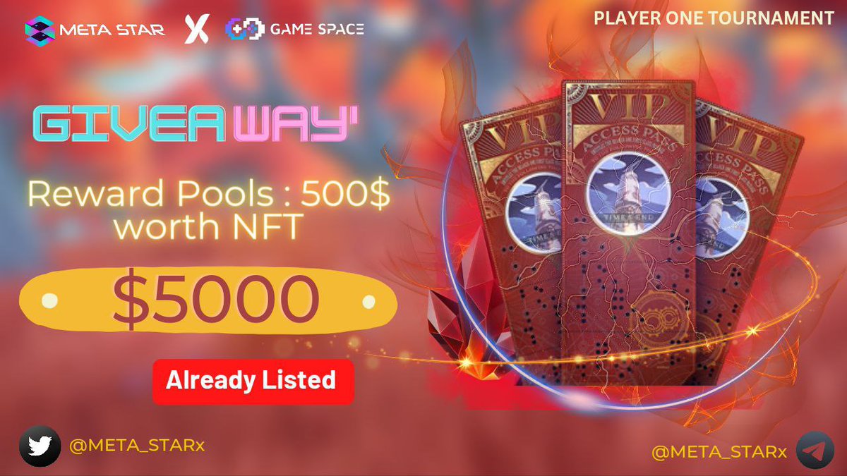 📣📣 Massive #Giveaway 🔥🔥

🥳🥳 $500 Worth Prize Pool of Ruby Pass #NFTs &amp; Extra 5000$ USDT in Gleam

To Win
✅ Follow <a href="/META_STARx/">META STAR</a> &amp; <a href="/Gamespace_NFTs/">GameSpace</a>
✅ Like &amp; RT &amp; Tag 3 friends
➡️ Finish Gleam: gleam.io/qEaWk/meta-sta…

⏰End Feb 12th

#Airdrop #Random #PlayerOneTournament #NFT