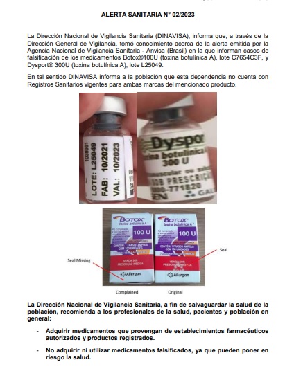 DINAVISApy's tweet photo. 🚨 #AlertaDINAVISA
La Dirección Nacional de Vigilancia Sanitaria alerta sobre falsificación de los productos"Botox®100U, lote C7654C3F, y Dysport® 300U, lote L25049".
#DINAVISApy informa que tampoco cuenta con Registros Sanitarios vigentes para estas marcas. https://t.co/gD36jLqio3