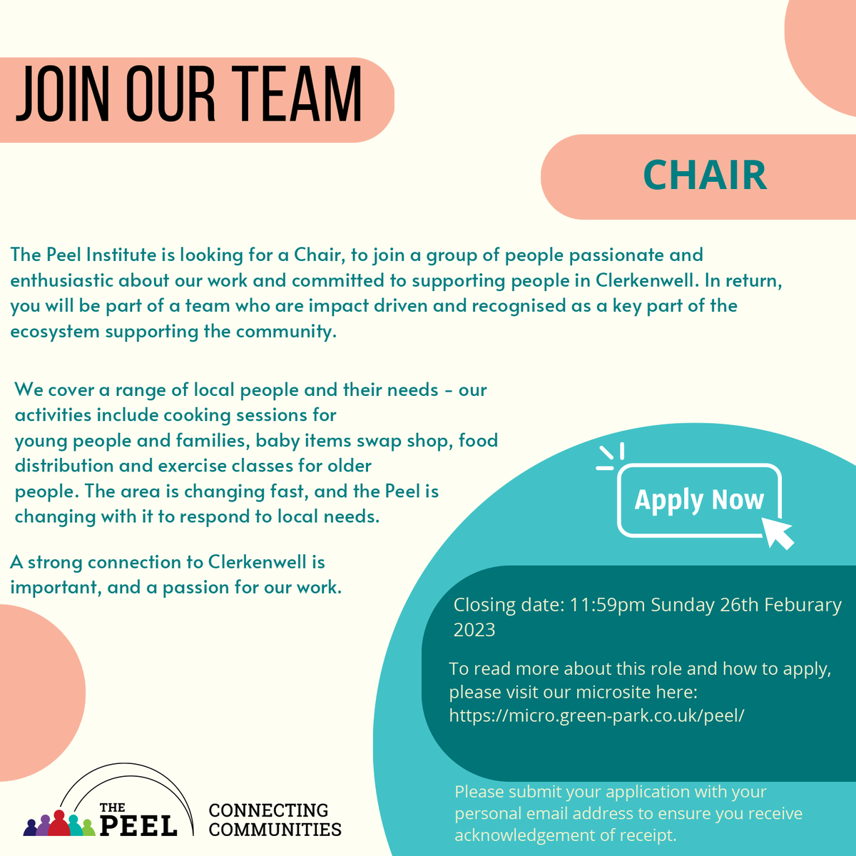PeelClerkenwell's tweet photo. THE PEEL IS RECRUITING A NEW CHAIR!
Why not join a group of people passionate and enthusiastic about our work and committed to supporting people in Clerkenwell?
Read more about this role and how to apply here: https://t.co/HL3HLFQewO
 
Closing date: 11:59 Sun 26th February 2023 https://t.co/DCIreQ7Lpg