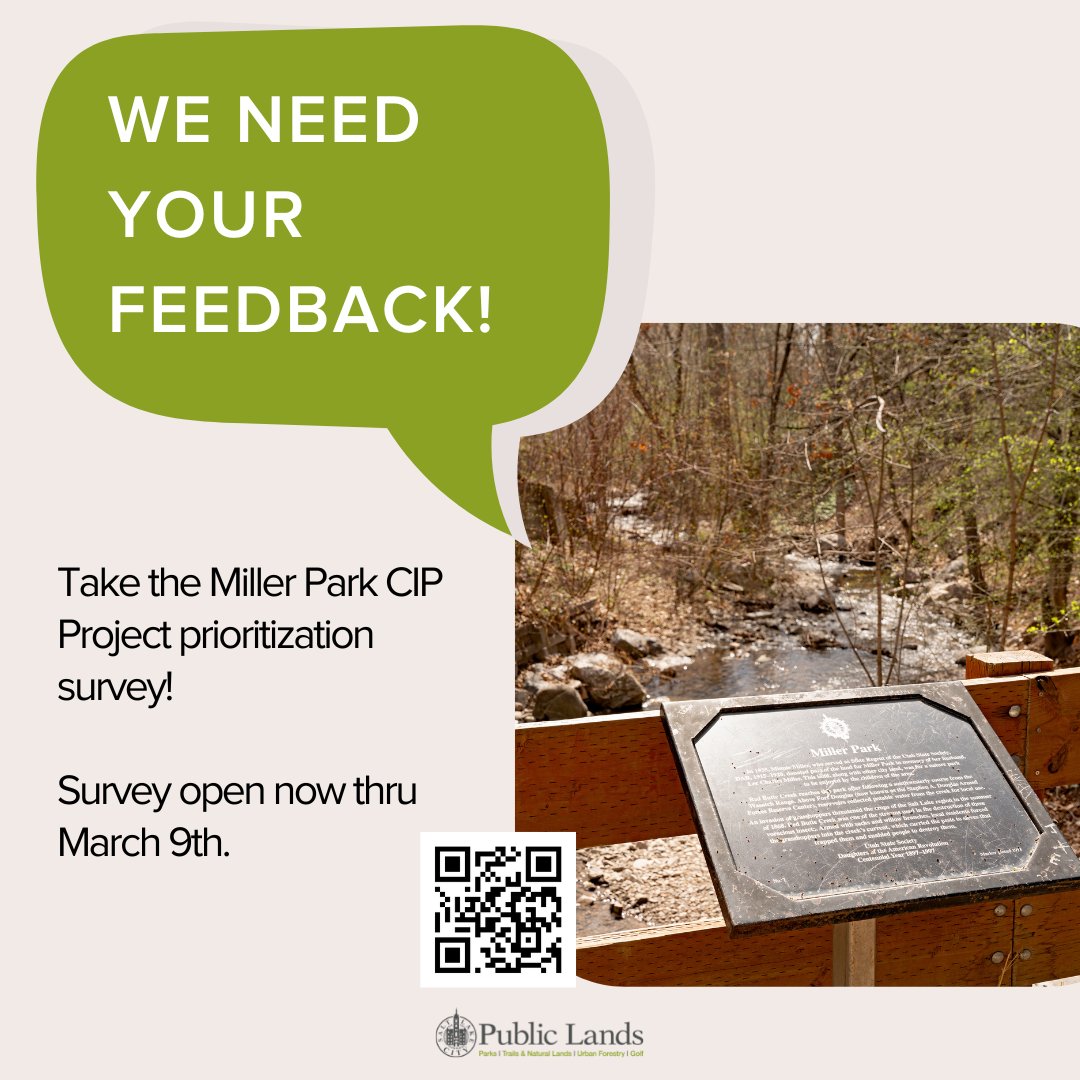 SLCPublicLands's tweet photo. We need your feedback on Miller Park! ๐ข
Take the survey below to help us determine which projects to prioritize at the park.
The survey is open now through March 9th.
https://t.co/EPOXD5FnER
#SLC #SLCPublicLands #SLCParks #MillerPark https://t.co/Yt9hKDQgaF