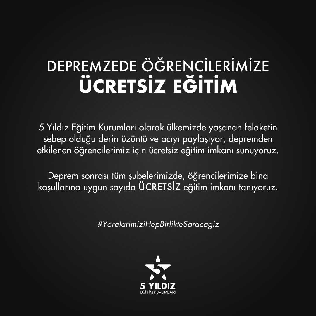 DEPREMZEDE ÖĞRENCİLERİMİZE
ÜCRETSİZ EĞİTİM

Deprem sonrası tüm şubelerimizde öğrencilerimize bina koşullarına uygun sayıda ÜCRETSİZ eğitim imkanı tanıyoruz.

Yaraları birlikte saracağız.
