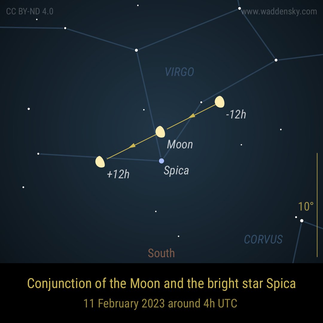 waddensky's tweet photo. Conjunction of the Moon and the bright star Spica on 11 February 2023 around 4h UTC #conjunction #alignment #moon #spica #star #planet #stargazing #astronomychart #darknights #celestialevent #celestialevents https://t.co/pOkgDxhzCR